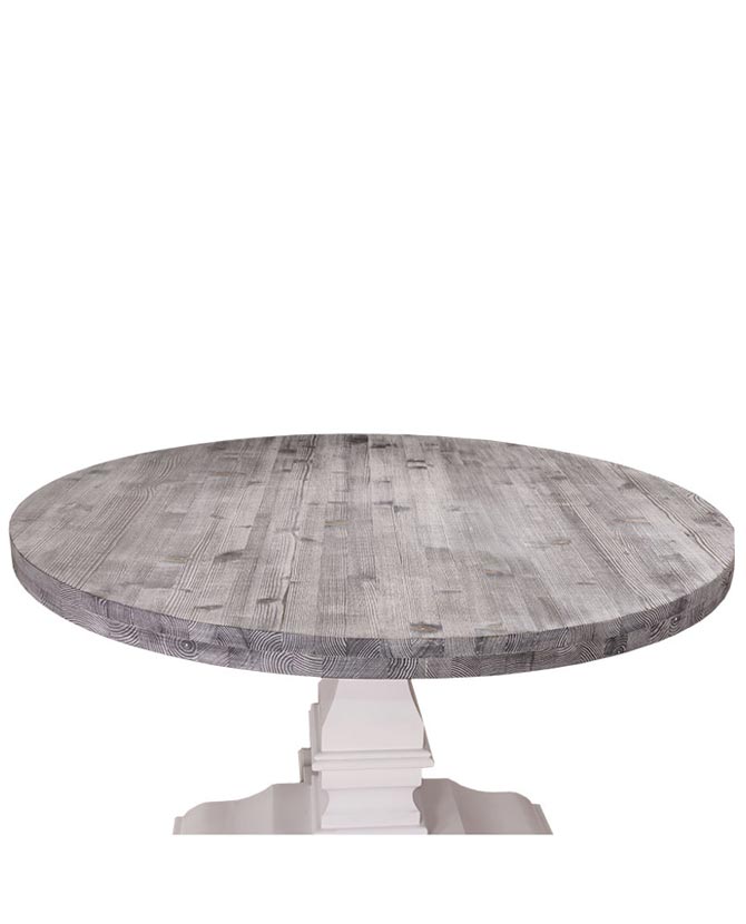 Fenyőfából készült kerek étkezőasztal vastag oszloplábon. Az asztallap pácolt szürke, az asztalláb fehér színű.