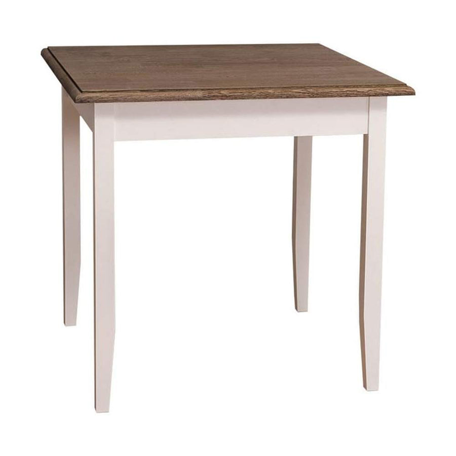 Fenyőfa étkezőasztal tölgyfa asztallappal. A lábak színe fehér, az asztallap színe lakkozott tölgy.