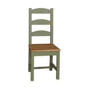 Olívazöld színű, festett fenyőfa étkezőszék, natúr tölgyfa ülőlappal.