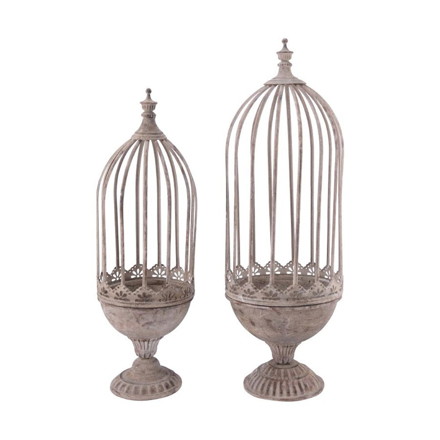 Patinázott felületű fémkaspó szett, melynek alakja a madárkalitkákat idézi 