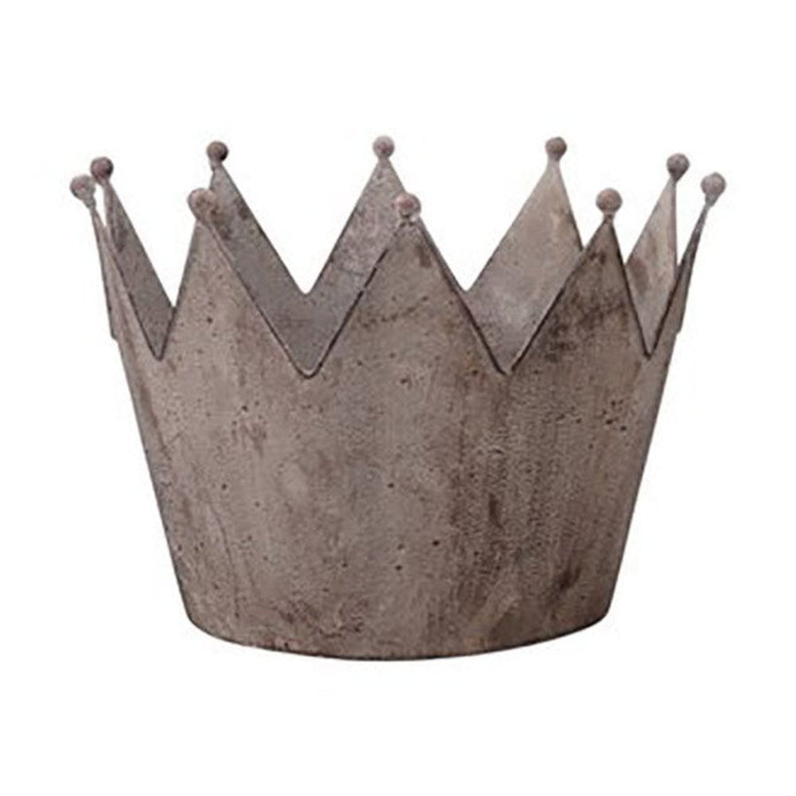 Vidéki vintage stílusú, antikolt felületű, 29 cm átmérőjű koronás bádog kaspó.