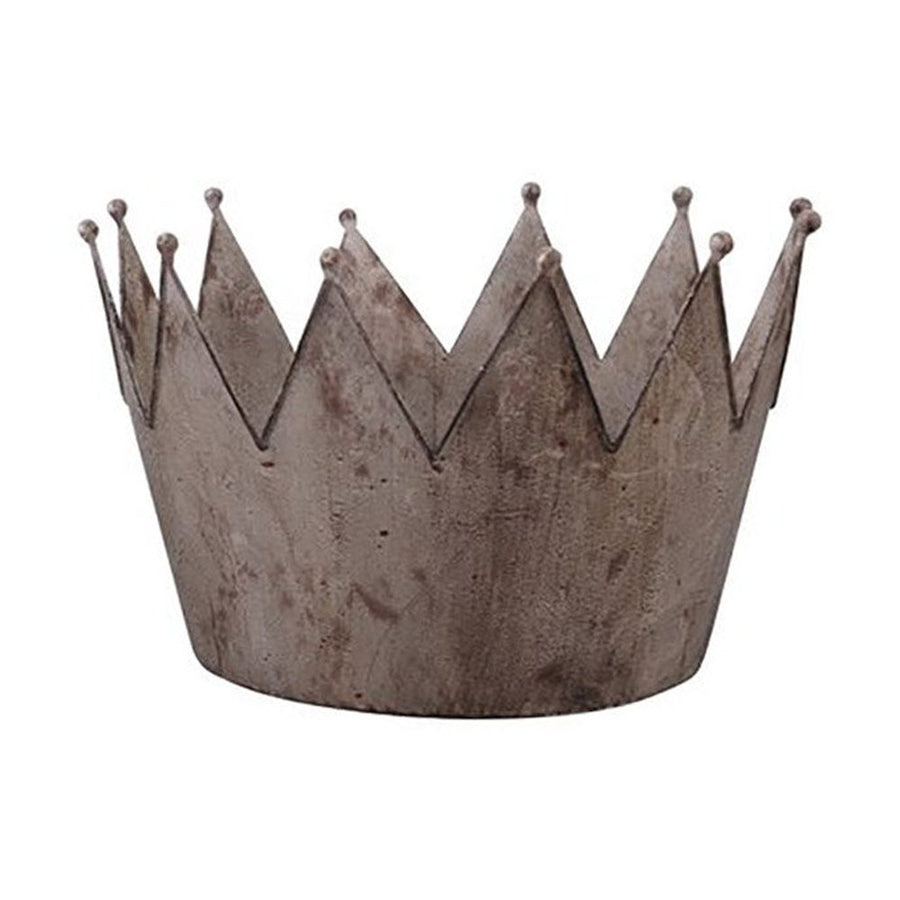 Vidéki vintage stílusú, antikolt felületű, 39 cm átmérőjű koronás bádog kaspó.