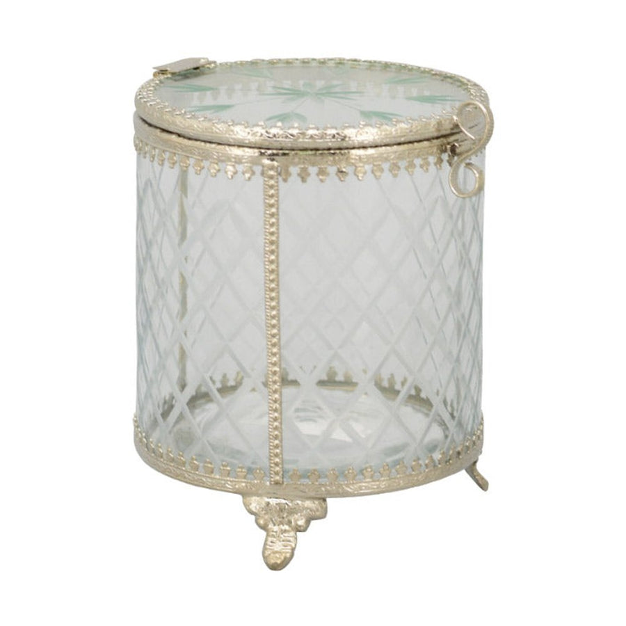 Fémcsipkével díszített üveg bonbonier.