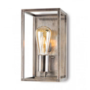 Ipari stílusú, rézből készült, antikolt nikkel színű falilámpa, téglalap szerkezettel.