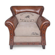 Loft stílusú, mangófából készült, bőrrel és vászonnal kárpitozott fotel.