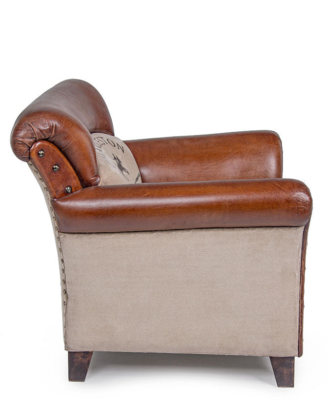 Loft stílusú, mangófából készült, bőrrel és vászonnal kárpitozott fotel.