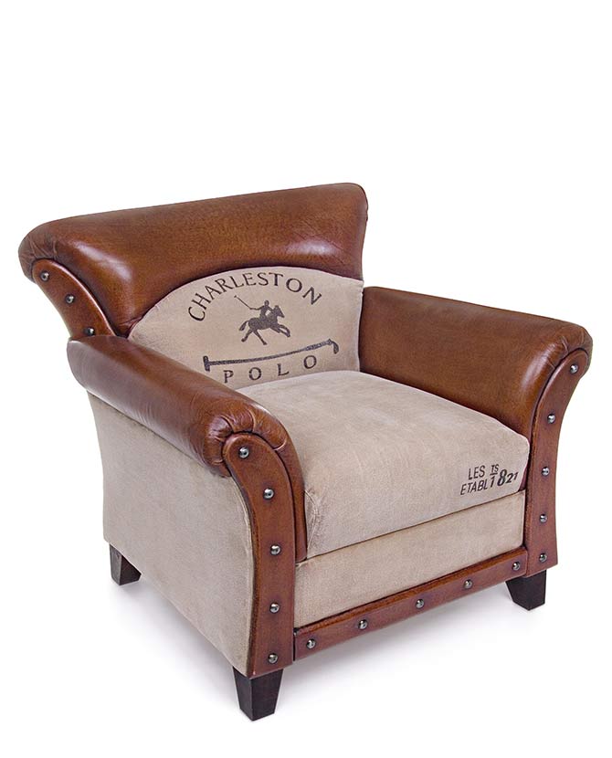 Loft stílusú, mangófából készült, bőrrel és vászonnal kárpitozott fotel.