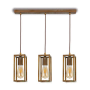 Ipari stílusú, anikolt sárgaréz színű réz függeszték három izzófoglalattal.