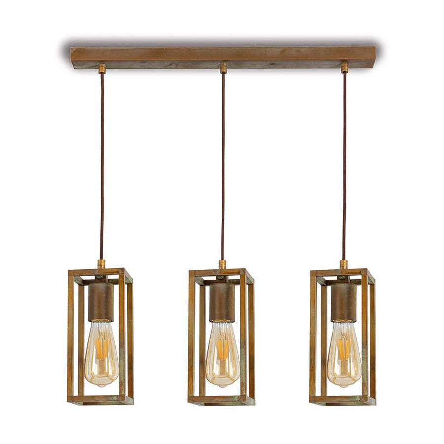 Ipari stílusú, anikolt sárgaréz színű réz függeszték három izzófoglalattal.