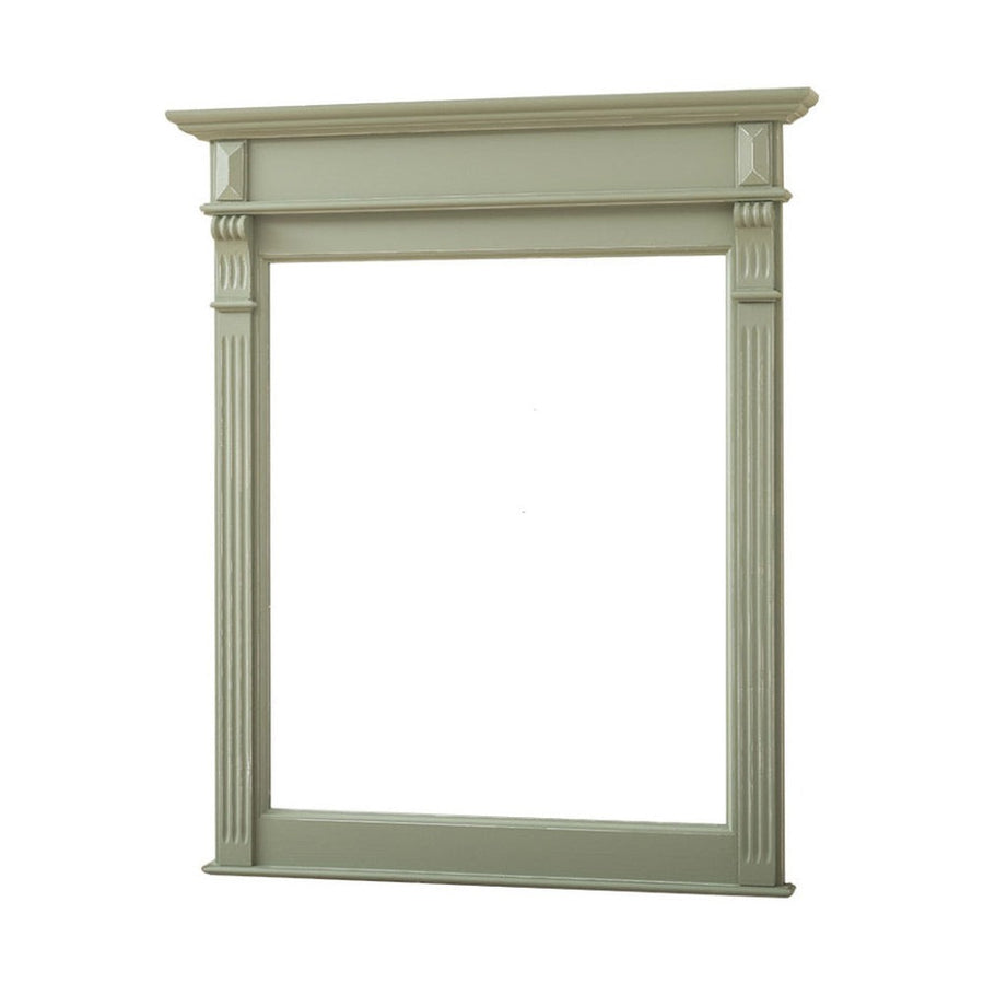 Country stílusú fenyőfakeretes tükör, klasszicizáló faragásokkal. Olívazöld színű.