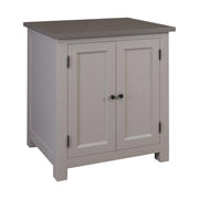 Szürke színű, tömör fenyőfából készült polcos konyhaszekrény, sötétszürke fedlappal.