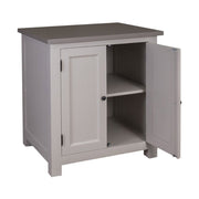 Szürke színű, tömör fenyőfából készült polcos konyhaszekrény, sötétszürke fedlappal.