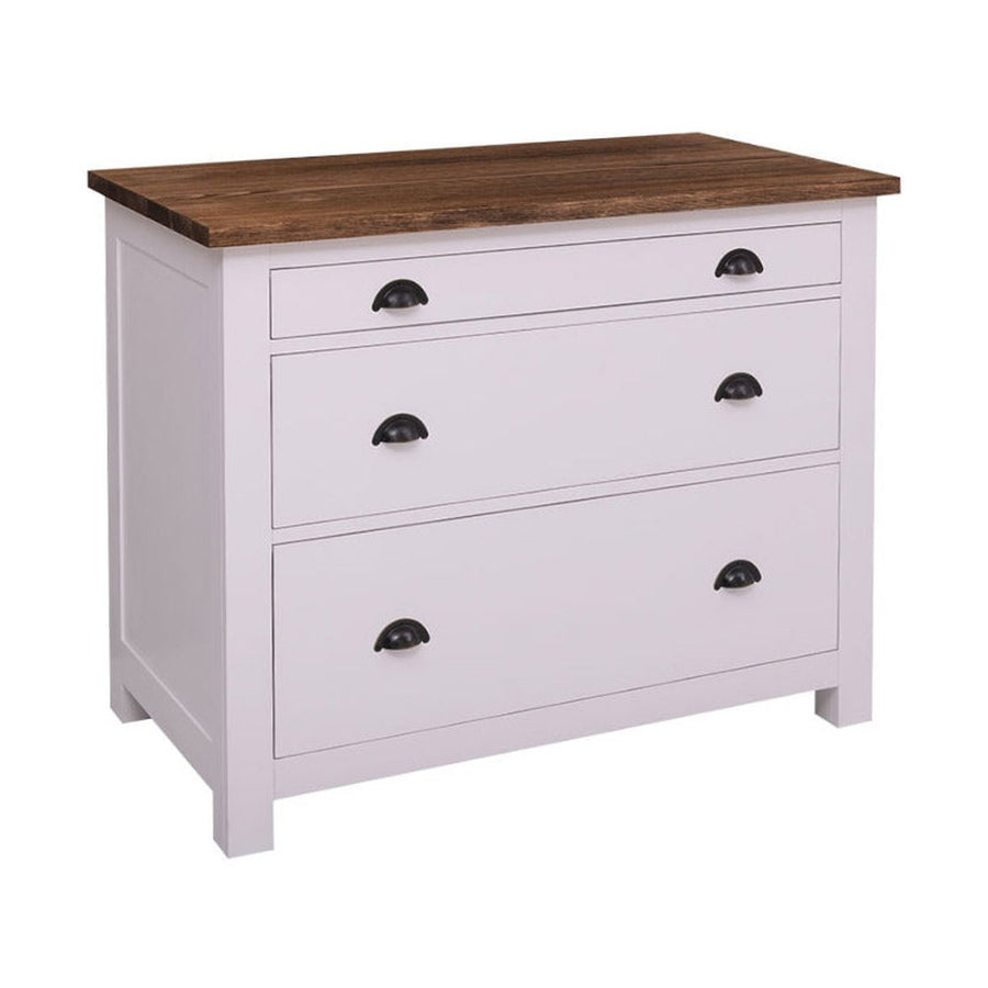 Fehér színű, tömör fenyőfából készült polcos konyhaszekrény, sötétbarna fedlappal.