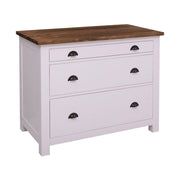 Fehér színű, tömör fenyőfából készült polcos konyhaszekrény, sötétbarna tölgyfa fedlappal.