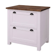 Fehér színű, tömör fenyőfából készült fiókos konyhaszekrény, sötétbarna fedlappal.