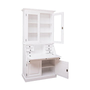 Fehér színű, kétosztatú szekreter szekrény. A felső részen vitrines tároló, az alsó részen  lehajtható írópad, hat kisebb és két nagyobb fiók, valamint az ajtós tároló lett kialakítva