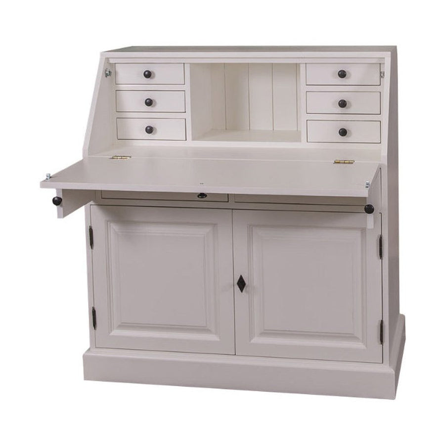 Fehér színű szekreter. A képen jól látható a lehajtható írópad, a hat kisebb és két nagyobb fiók, valamint az ajtós tároló.