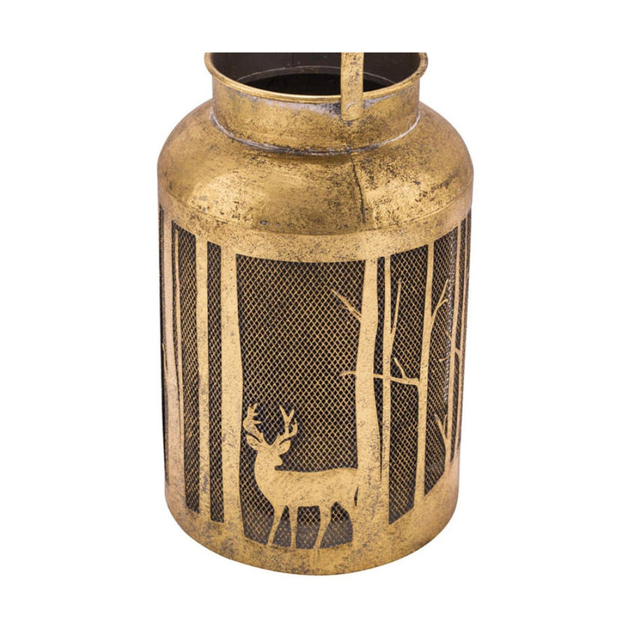 Vidéki stílusú, antikolt arany színű,  karácsonyi fémlámpás erdőben álló szarvas sziluettel.