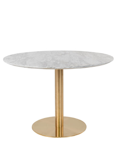 Modern, kerek formájú étkezőasztal, aranyszínű acél oszloplábbal és márványhatású MDF asztallappal.