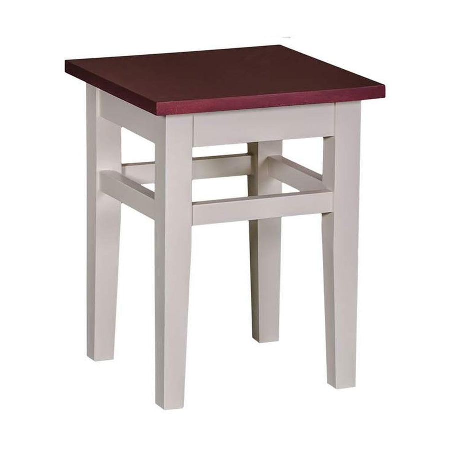 Klasszikus kivitelezésű hokedli. Az ülőlapja bordó színű, míg a lábai törtfehérek.