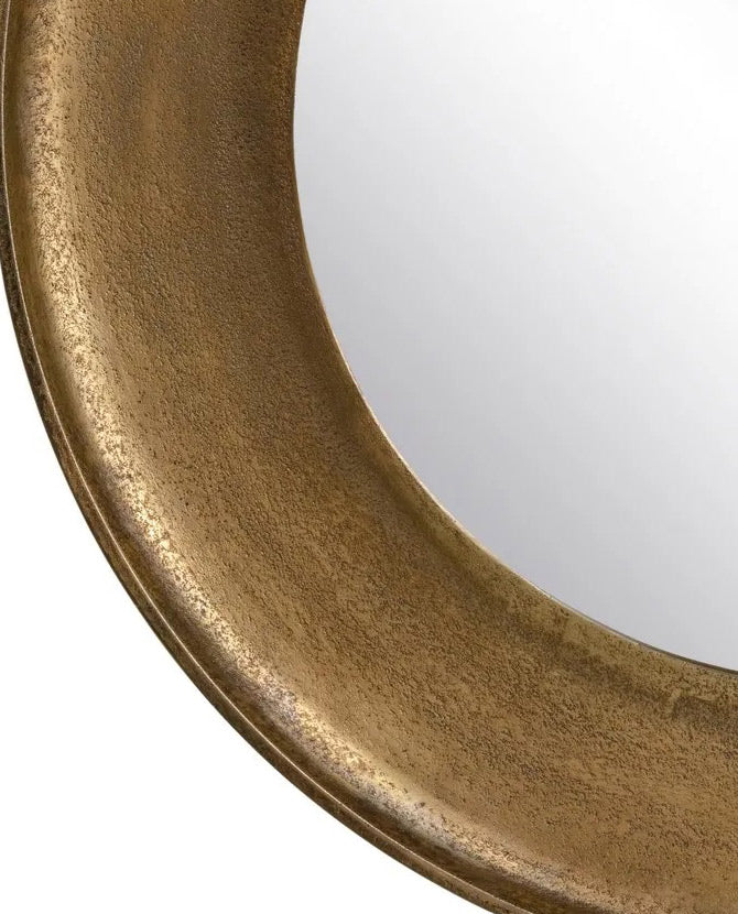 Kortárs stílusú, antikolt aranyszínű, kerek formájú falitükör fém kerettel.