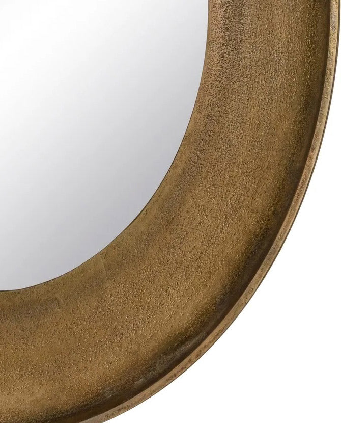 Kortárs stílusú, antikolt aranyszínű, kerek formájú falitükör fém kerettel.