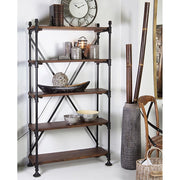Industrial stílusú polcos állvány, fekete vas szerkezettel és öt darab mangófa polccal.