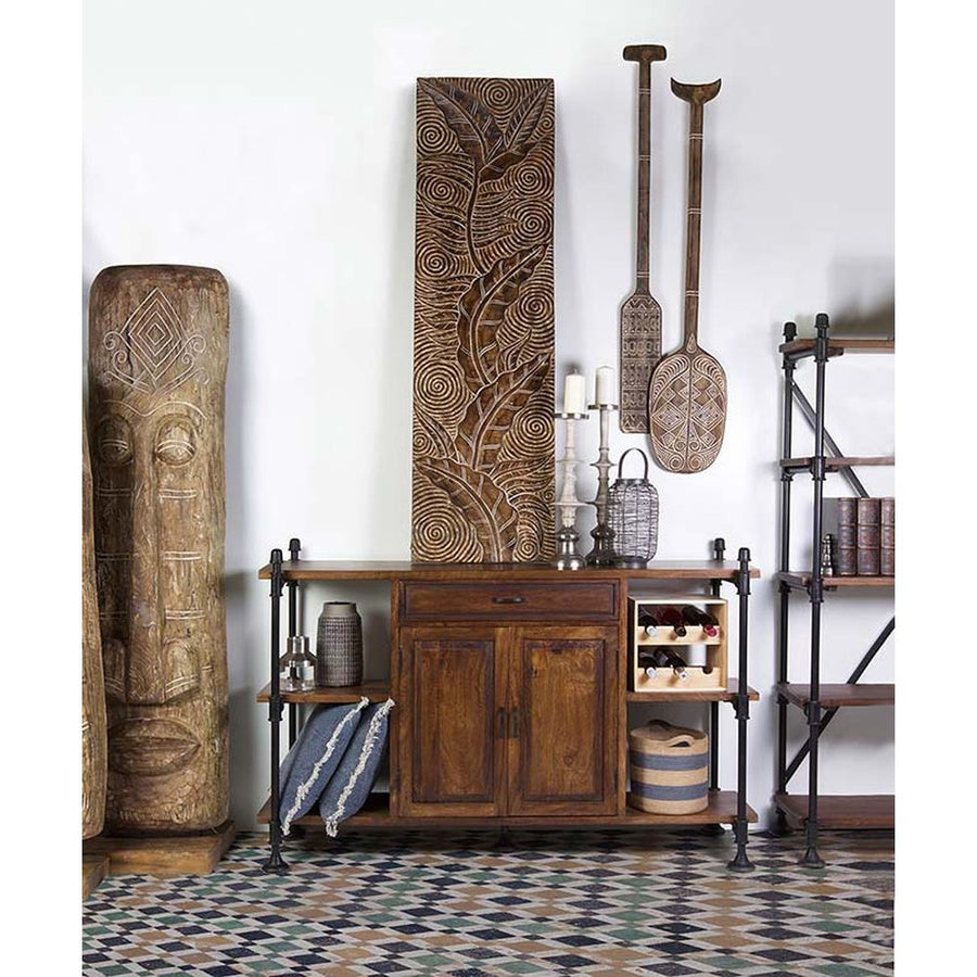 Industrial stílusú mangófa tálaló négy szabad polccal, egy fiókkal és ajtóval zárható polcos tárolóval.Industrial stílusú mangófa tálaló négy szabad polccal, egy fiókkal és ajtóval zárható polcos tárolóval.