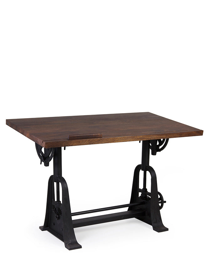 Industrial stílusú, állítható magasságú, és dönthető tervezőasztal mangófából és vasból.