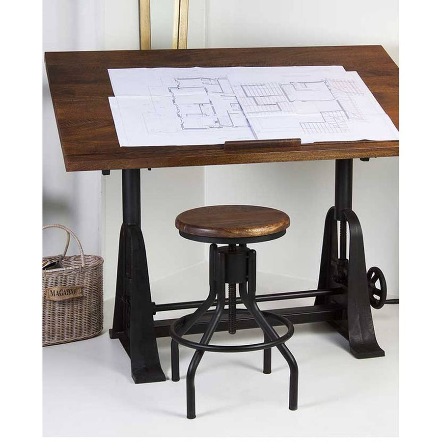 Industrial stílusú, állítható magasságú, és dönthető tervezőasztal mangófából és vasból.