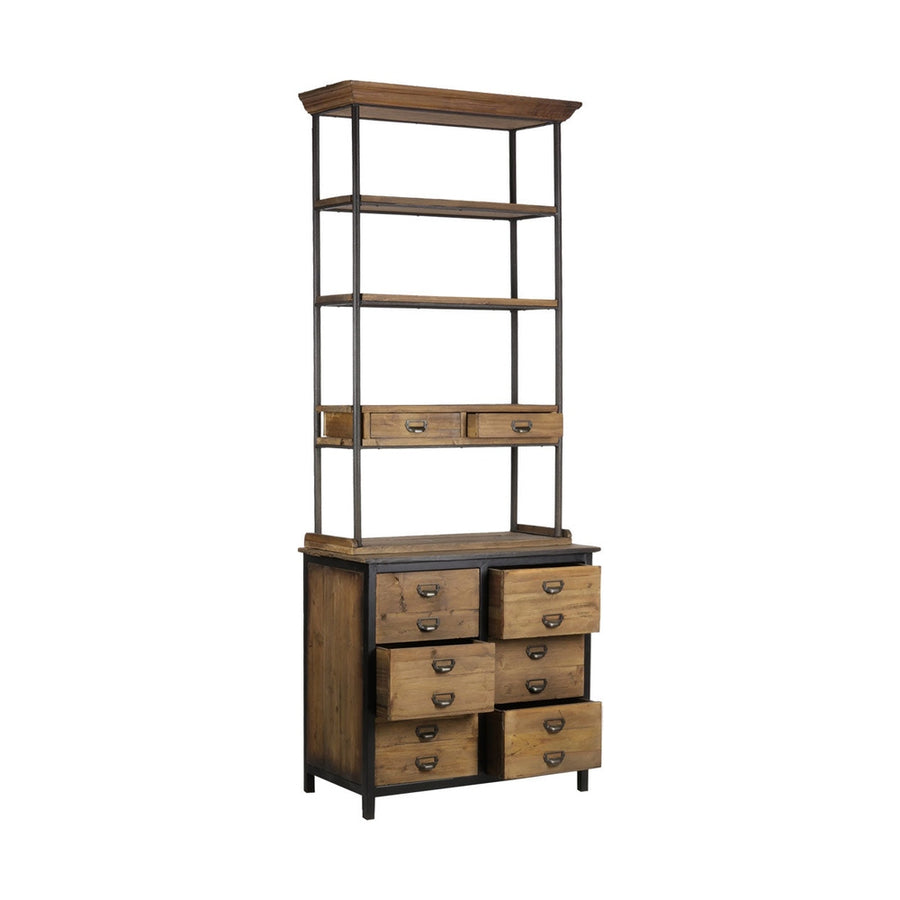 Loft stílusú, fenyőfából és fémből készült könyvespolc fiókokkal.