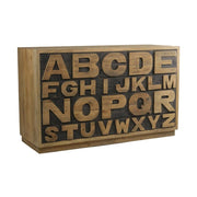 Loft stílusú, fenyőfából készült, 26 fiókos komód, melyeket az angol ábécé betűi díszítenek.