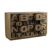 Loft stílusú, fenyőfából készült, 26 fiókos komód, melyeket az angol ábécé betűi díszítenek.
