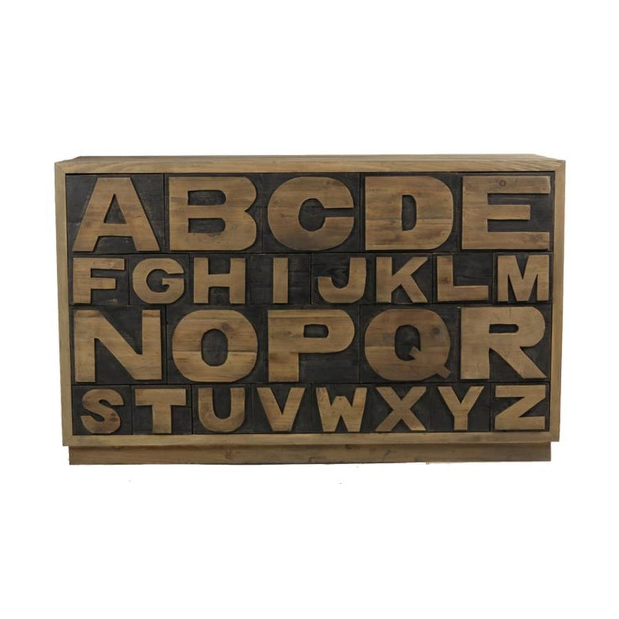 Loft stílusú, fenyőfából készült, 26 fiókos komód, melyeket az angol ábécé betűi díszítenek.