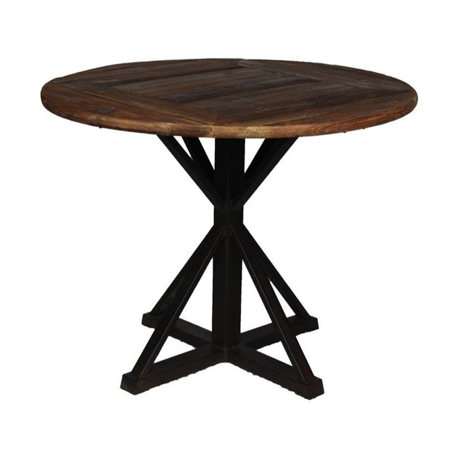 Újrahasznosított fából és vasból készült, 100 cm átmérőjű, loft stílusú étkezőasztal.