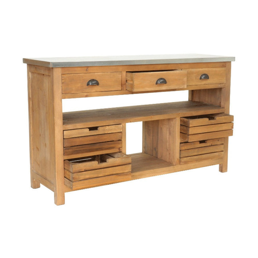 Újrahasznosított fenyőfából készült konyhai tálalóasztal cink fedlappal.