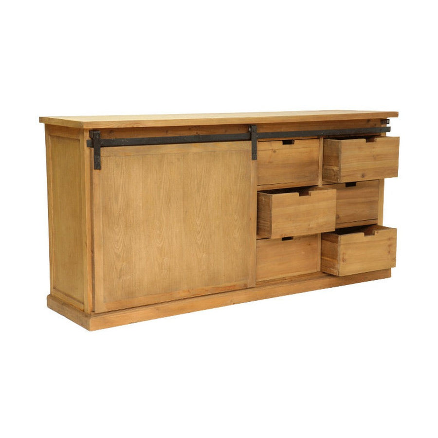 Vidéki stílusú, tolóajtós fenyőfa tálaló hat fiókkal.