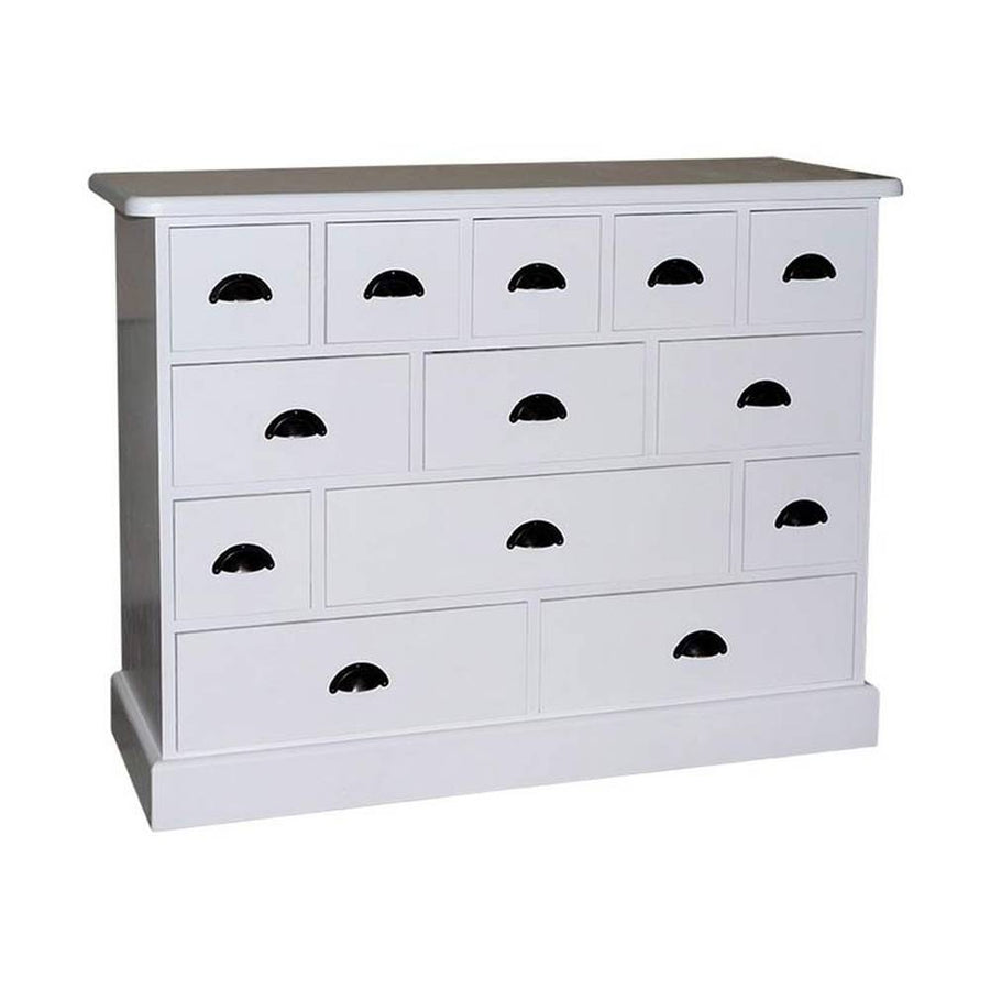 Klasszikus formatervezésű komód 13 eltérő nagyságú fiókkal. Színe fehér.