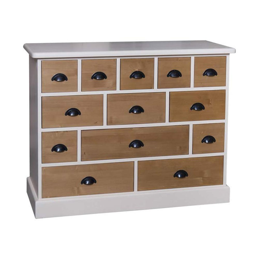 Klasszikus formatervezésű komód 13 eltérő nagyságú fiókkal. A szekrény színe fehér, a fiókok színe natúr.