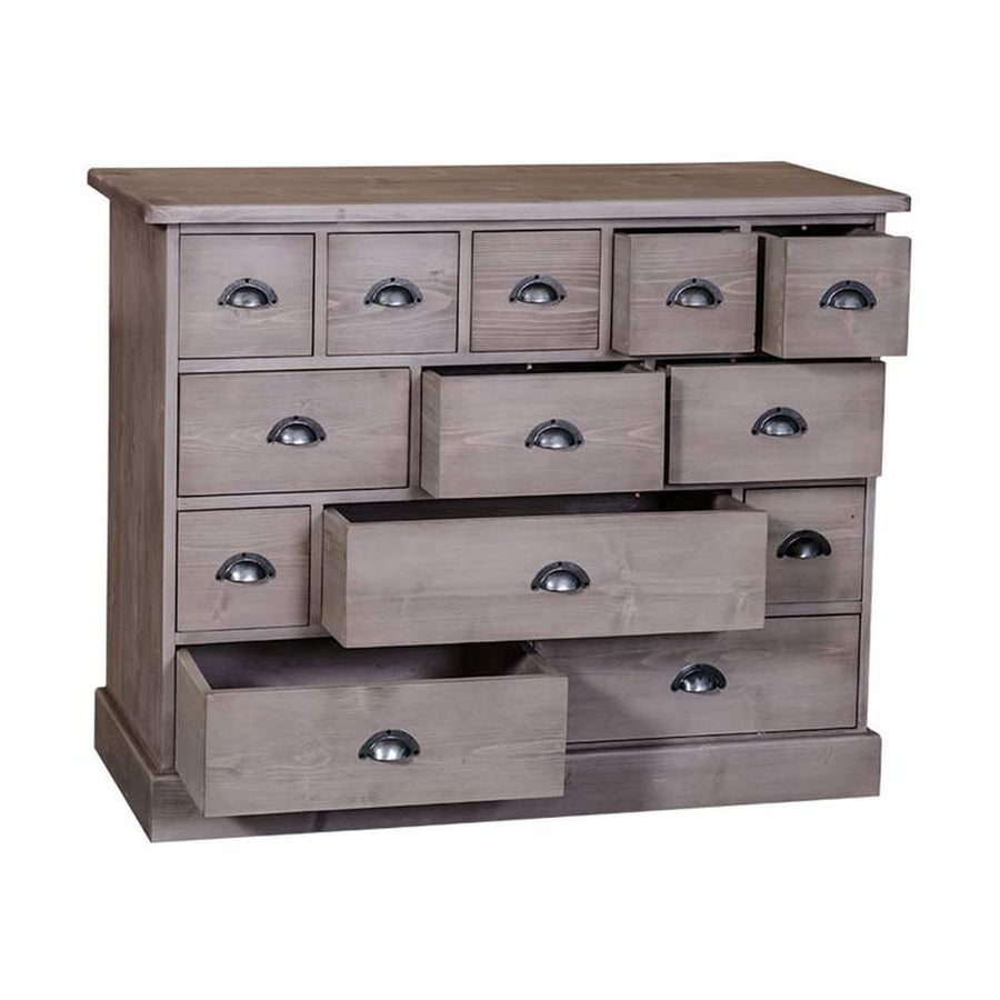 Klasszikus formatervezésű komód 13 eltérő nagyságú fiókkal. Színe szürkésbarna.