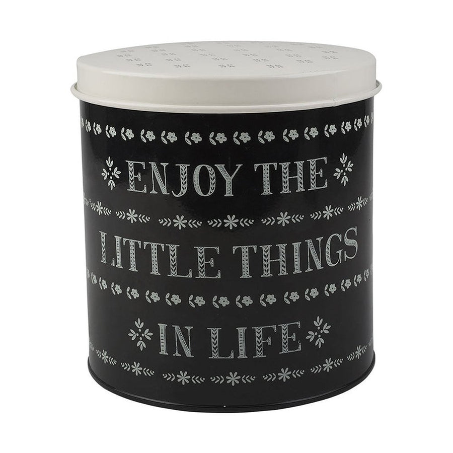 Fémből készült, fekete és fehér színű, motívumokkal és "Enjoy the little things in life" felirattal díszített konyhai tárolódoboz