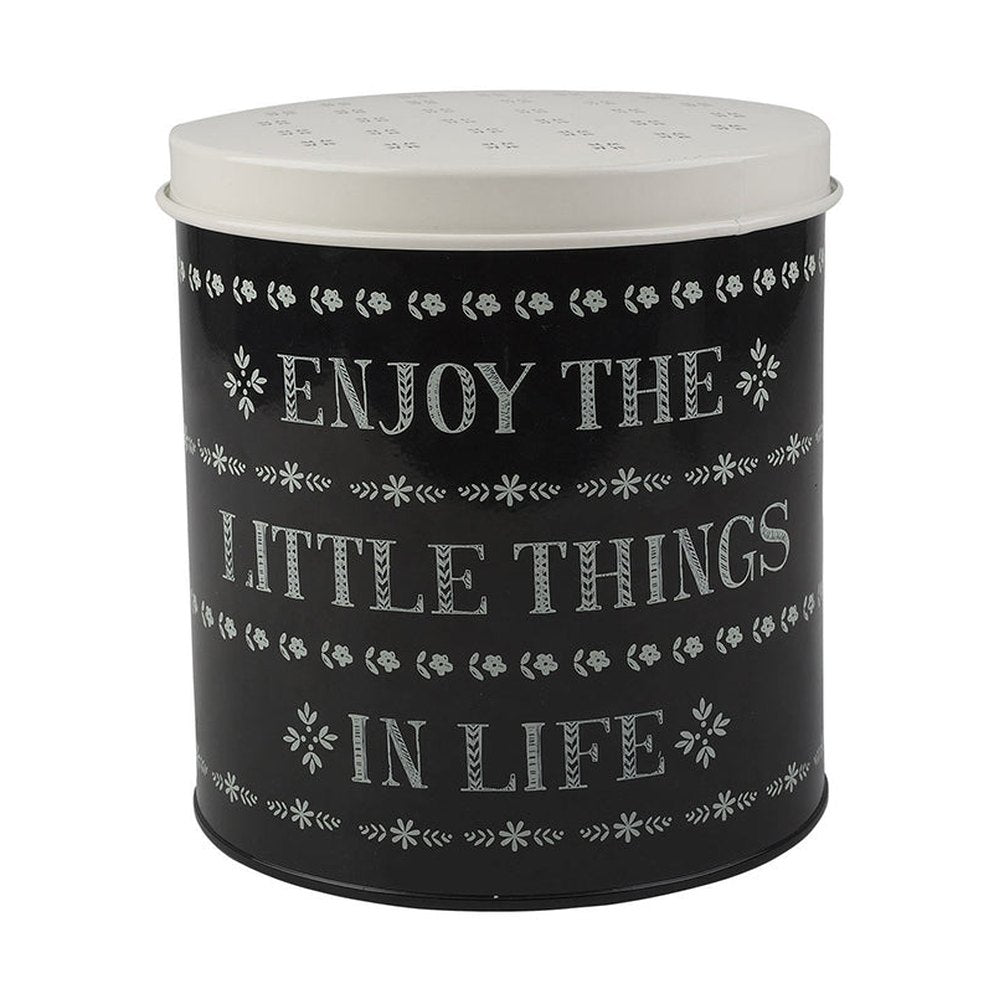 Fémből készült, fekete és fehér színű, motívumokkal és "Enjoy the little things in life" felirattal díszített konyhai tárolódoboz