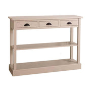 Country stílusú fenyőfa konzolasztal három fiókkal és két polccal. Színe: krémfehér.