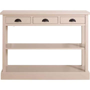 Country stílusú fenyőfa konzolasztal három fiókkal és két polccal. Színe: krémfehér.