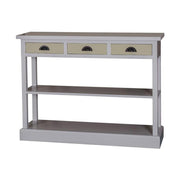 Country stílusú fenyőfa konzolasztal három fiókkal és két polccal. Alapszíne világosszürke, a fiókok színe olívazöld.