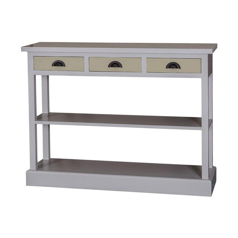 Country stílusú fenyőfa konzolasztal három fiókkal és két polccal. Alapszíne világosszürke, a fiókok színe olívazöld.