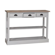 Country stílusú fenyőfa konzolasztal tölgyfa fedlappal. A tárolást három fiók valamint két polc segíti elő. Színe törtfehér és natúr.