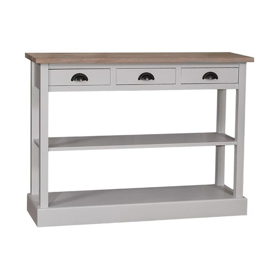 Country stílusú fenyőfa konzolasztal tölgyfa fedlappal. A tárolást három fiók valamint két polc segíti elő. Színe törtfehér és natúr.