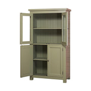 Country stílusú üveges konyhaszekrény négy polccal. Színe: olívazöld.
