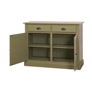 Country stílusú álló konyhaszekrény két fiókkal, és polcos tárolóval. Színe: olívazöld